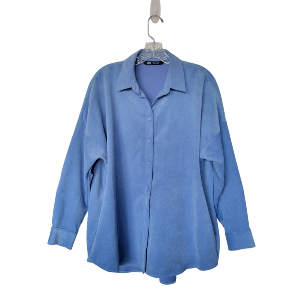 Zara Oversized Corduroy Light Blue Casual Button Up Shirt Size Medium - Picture 2 of 13